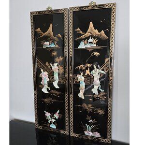 Vintage Asian Wall Art Panel Set – Lacquer & Mother of Pearl Geisha Decor
